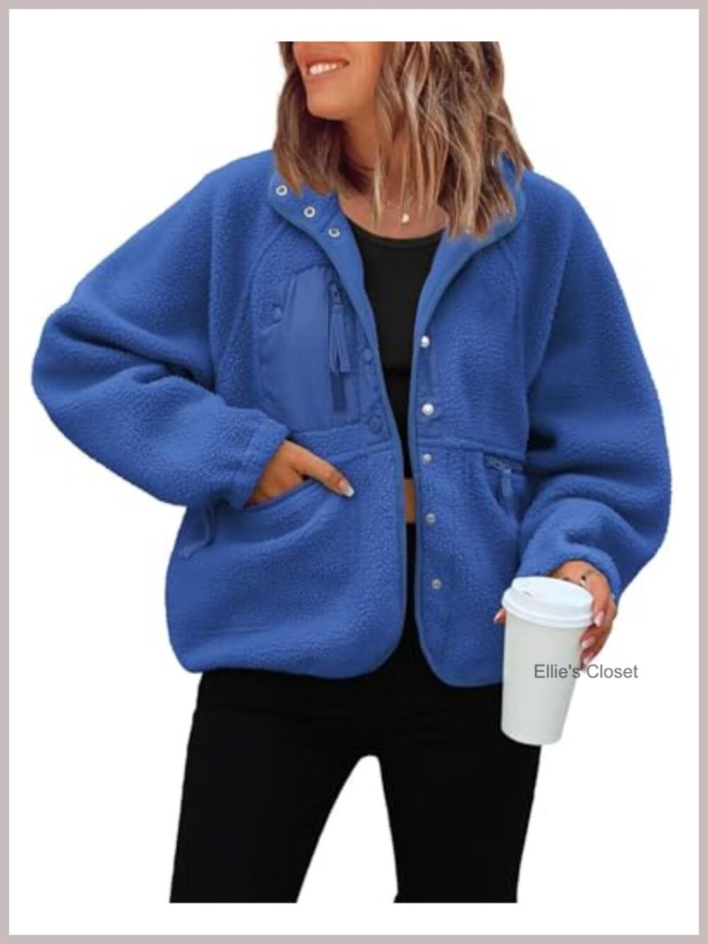 Cropped Fuzzy Fleece Button Down Jacket Oversized Zip Pockets